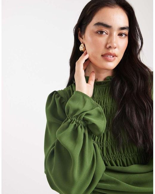 ASOS Green High Neck Long Sleeve Smocked Blouse