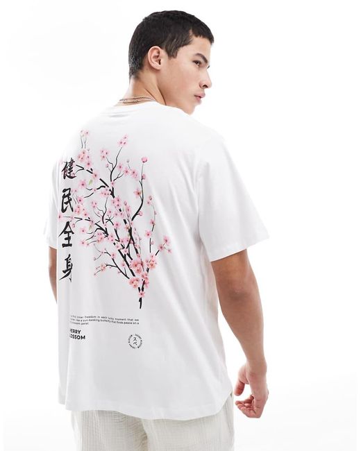 T-Shirt Oversize Bianca Con Stampa Di Fiori E Scritta di Jack & Jones in White da Uomo