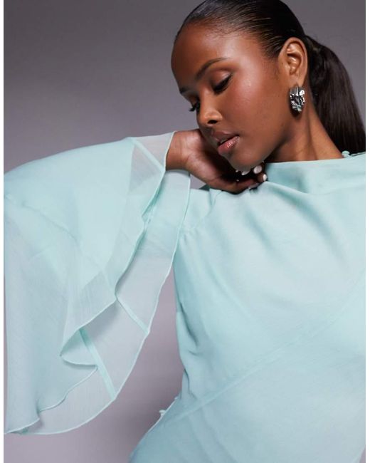 ASOS Blue Long Sleeve High Neck Maxi Dress With Ruffle Godets And Flute Sleeves