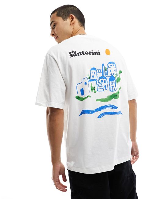 T-shirt bianca con scritta "santorini" di River Island in Blue da Uomo