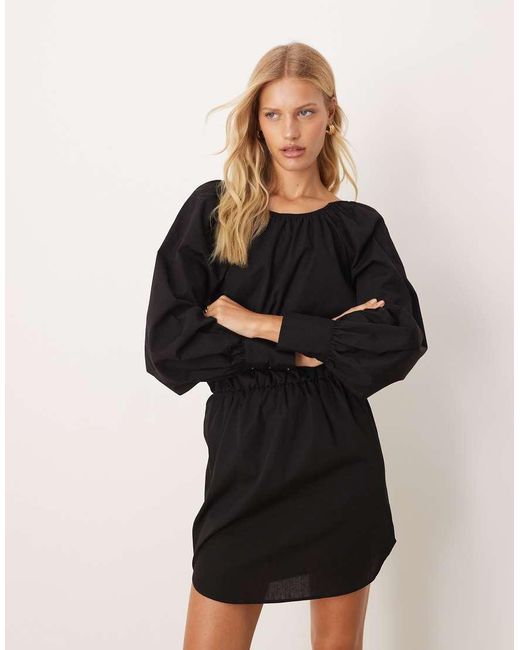 ASOS Black Heavy Poplin Blouson Mini Dress With Tie Back