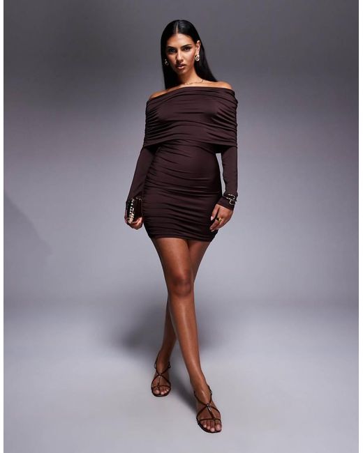 Aria Cove Blue Double Sculpted Slinky Ruched Extreme Foldover Asymmetric Shoulder Mini Dress