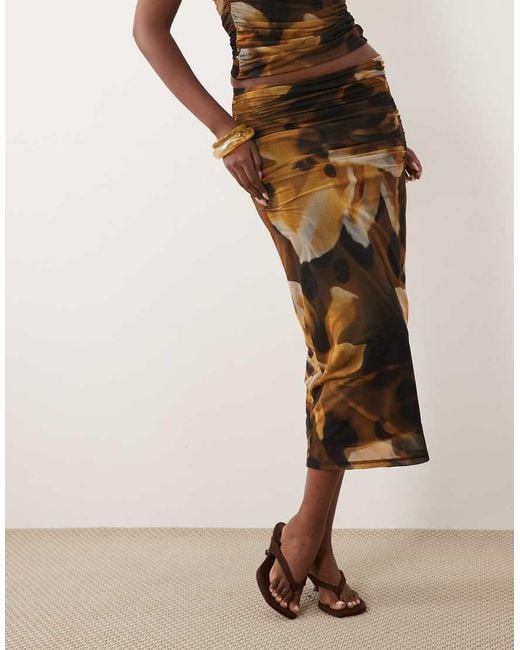 ASOS Natural Co-Ord Mesh Midi Skirt With Ruching