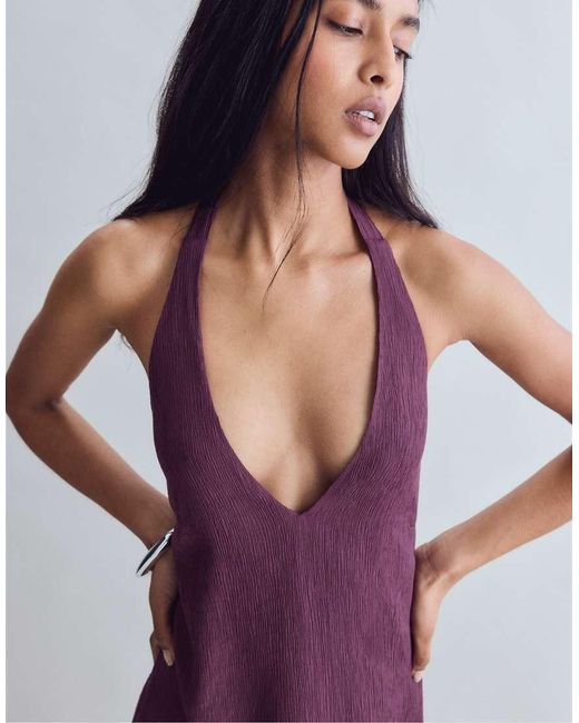 Stradivarius Purple Textured Halter Midi Dress