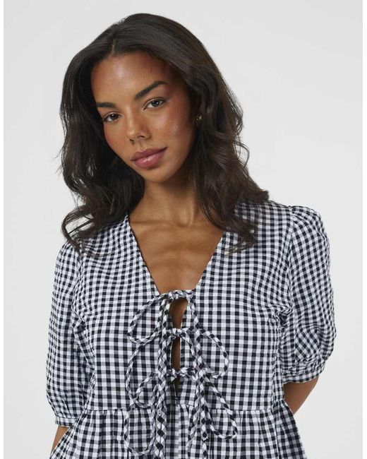 Brave Soul Blue Short Puff Sleeve Gingham Tie Front Blouse