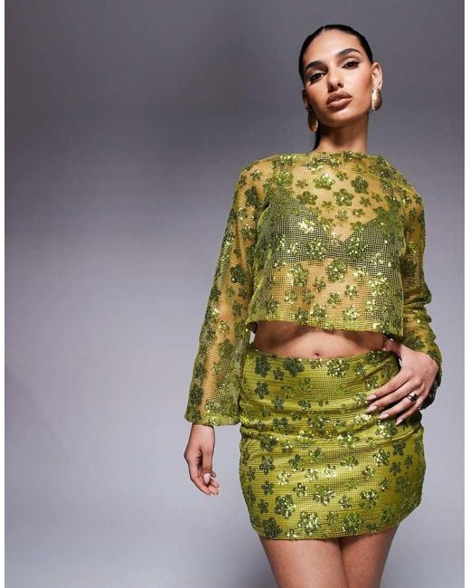 ASOS Green Co-ord Long Sleeve Crochet Floral Sequin Backless Top