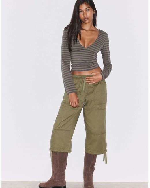 Stradivarius Green Under-bust Cut Long Sleeve T-shirt