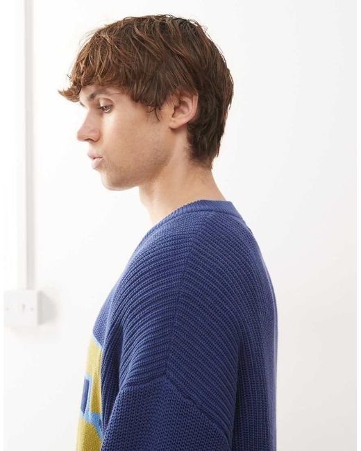 Reclaimed Vintage Blue Fisherman Knitted V Neck Slouchy Jumper for men