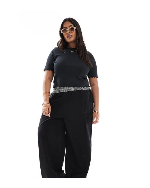 Pantalones Negros De Pernera Ancha Sin Cierres Con Detalle Fruncido Color Crema En La Cintura De Mezcla De Lino De Curve ASOS de color Black