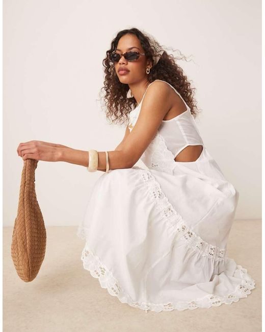 Mango Natural Embroidered Midi Dress With Cut Out Side Detail