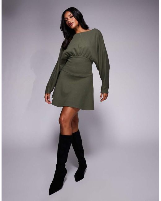 ASOS Superzachte Mini-Jurk Met Rechte Hals En Gepofte Vleesmuismouwen in het Green