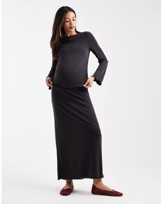 ASOS Black Asos Design Maternity Co-ord Modal Slinky Long Sleeve Top With Lettuce Hem