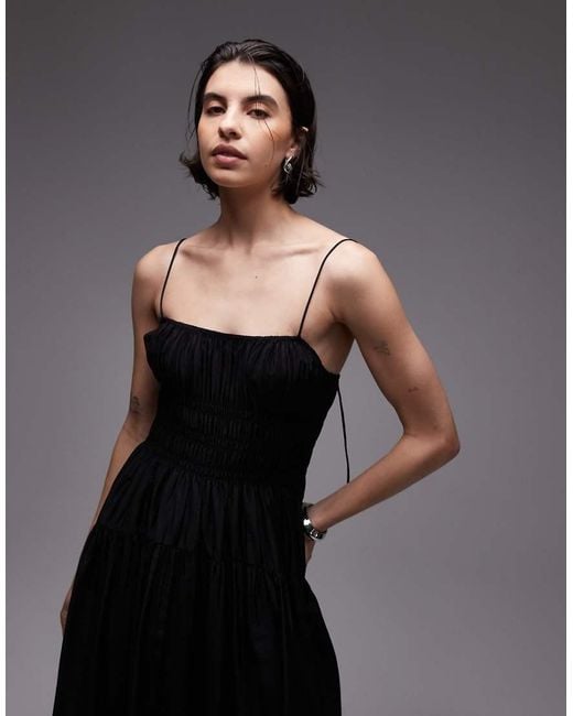 & Other Stories Black Milkmaid Midi Dress With Smocking And Spaghetti Straps