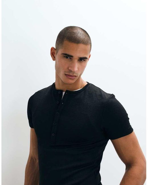 ASOS Black Heavyweight Muscle T-shirt With Henley Neck for men