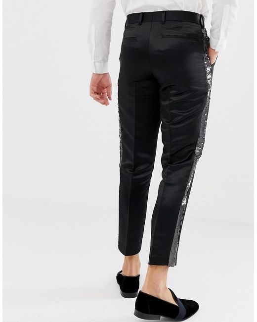 slim fit dress slacks Tailored Mens Black Gold Pinstripe Suit Trousers Tapered Fit Formal Pants –  XPOSED main image 0