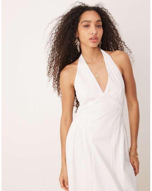 Vestido Semilargo Con Cintura Baja Y Cuello Halter De Algodón De Mango de color Natural