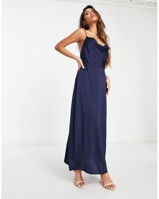 Vila Blue Satin Cowl Neck Maxi Dress