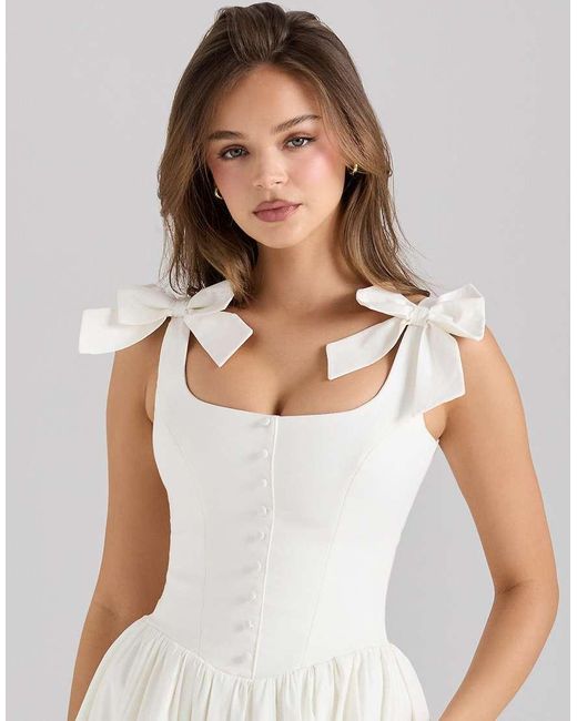 House Of Cb White Lillia Stretch Cotton Bow Midi Dress