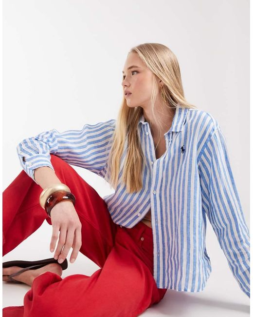 Polo Ralph Lauren Blue Icon Logo Stripe Boxy Linen Shirt