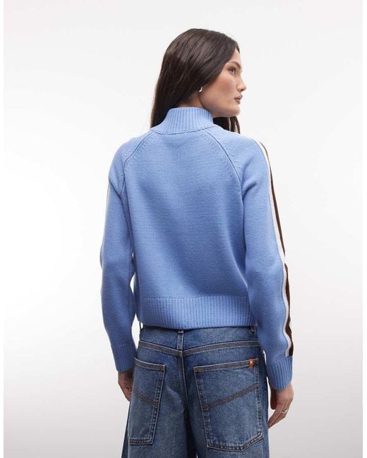 Collusion Blue Knitted Zip Through Stripe Funnel Neck Track Jacket