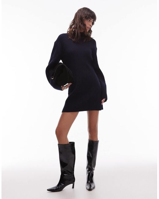 & Other Stories Blue Wool Knitted Mini Jumper Dress With Cinch Waist