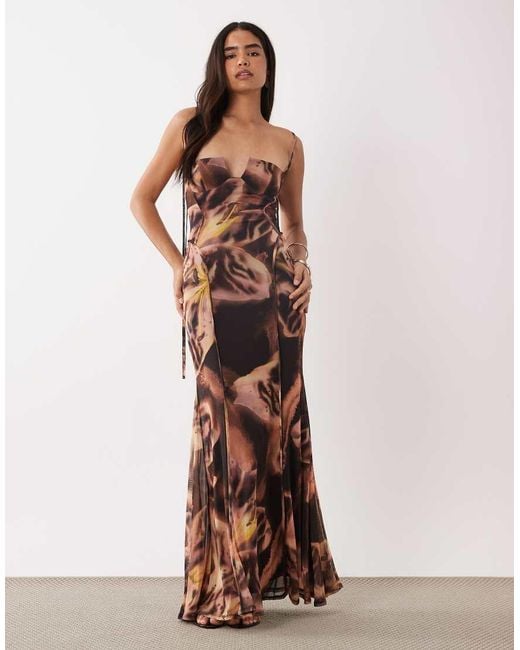ASOS Brown Printed Mesh Exposed Seam Sculpted Cupped Maxi Dress