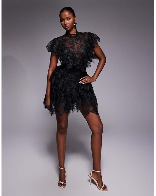 Bardot Black Tarryn High Neck Lace Ruffle Detail Scalloped Hem Mini Dress
