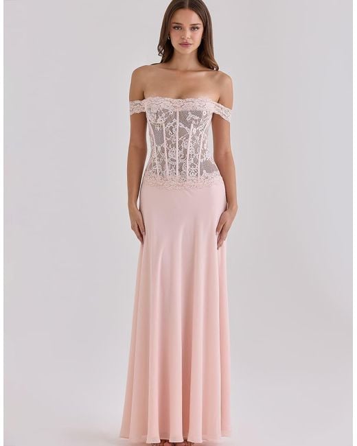 House Of Cb Pink Nerina Lace + Georgette Corset Maxi Dress