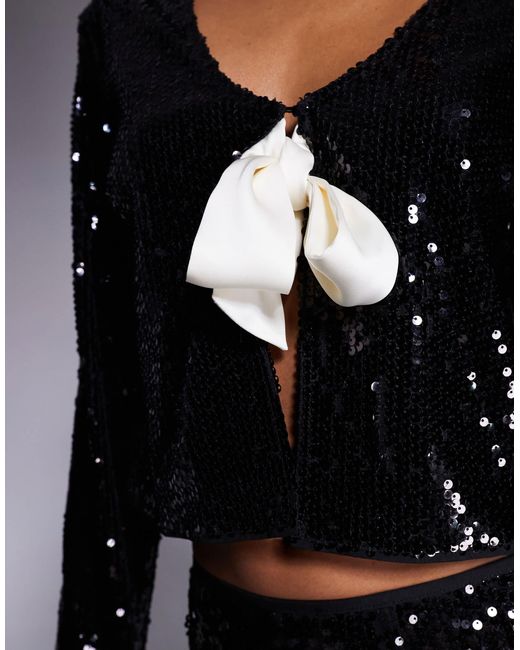 Kaiia Black Exclusive X Sasha Corte Exclusive Sequin Contrast Bow Tie Front Top Co-ord