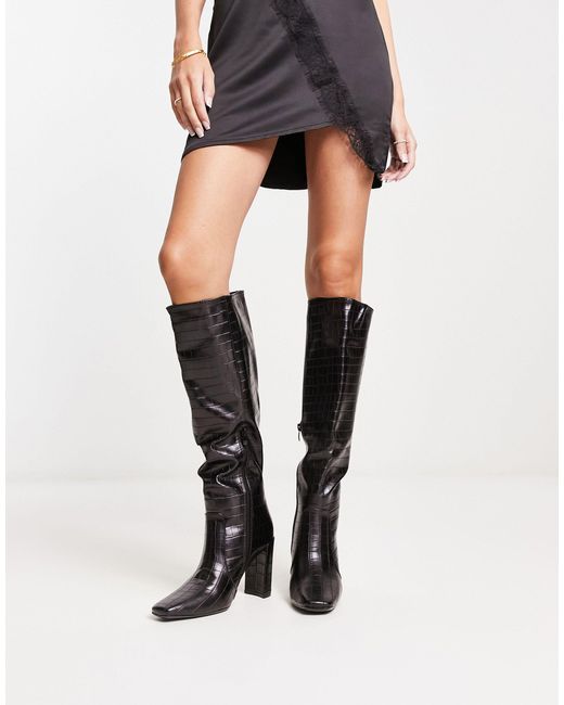 Truffle Collection Black Square Toe Heeled Knee Boots