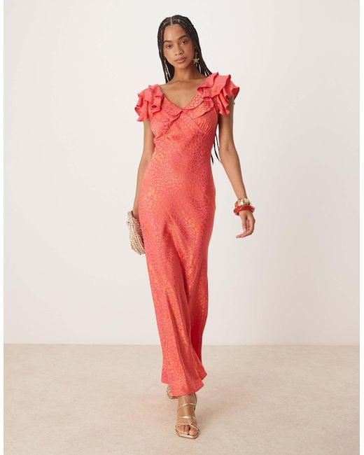 Never Fully Dressed Red Ruffle Sleeve Metallic Maxi Dress