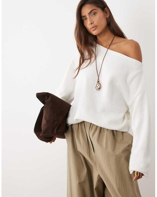 ASOS White Slouchy Off The Shoulder Sweater With Wool