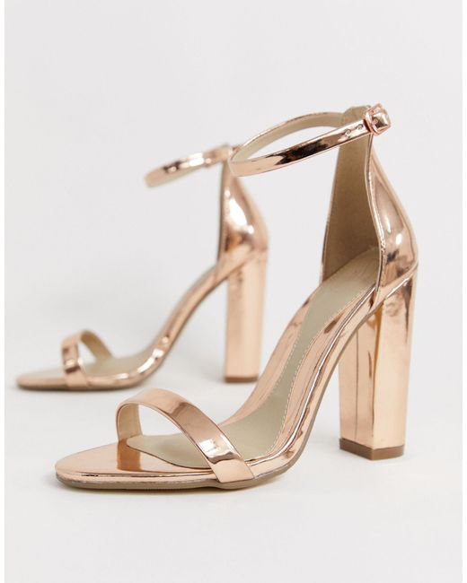 gold barely there block heels