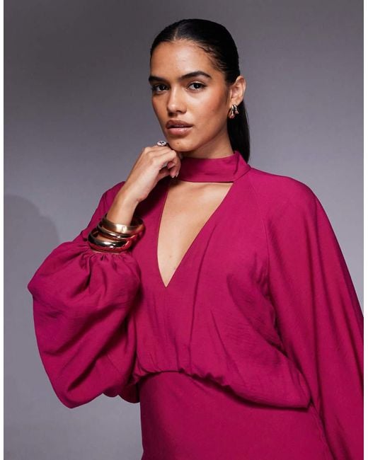 ASOS Pink High Neck Plunge Maxi Dress With Blouson Sleeves