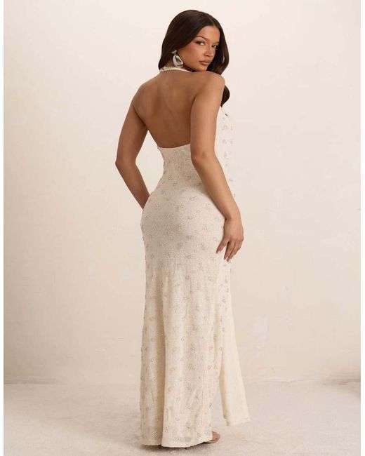 Missy Empire Natural Embellished Knit Plunge Drape Maxi Dress