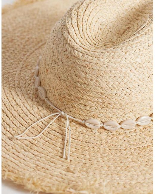 South Beach Natural Wide Brim Cowboy Hat With Frayed Edge And Shell Embellishment