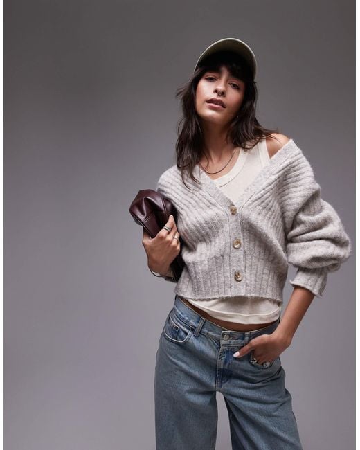 TOPSHOP Gray Knit Ovoid Sleeve V-neck Cardigan