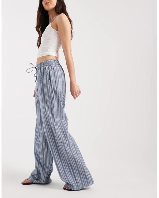 Vero Moda Blue Cotton Seersucker Tie Waist Wide Leg Trouser