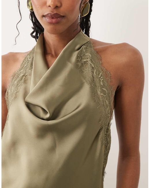 New Look Green Lace Trim Asymmetric Satin Halter Top