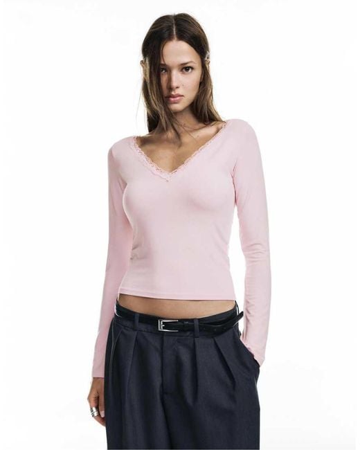 Pull&Bear Pink Lace Trim Neckline T-shirt