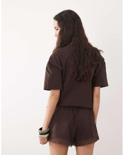 ASOS Brown Cotton Short Co-ord With Lace Hem