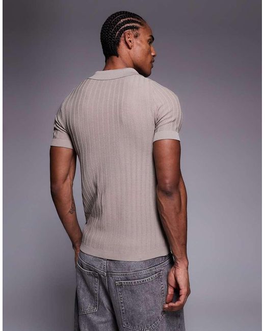 River Island Gray Ribbed Muscle Fit Polo Shirt for men