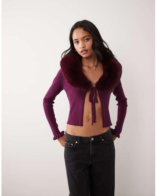 Miss Selfridge Red Tie Front Cardigan With Fur Collar And Cuff