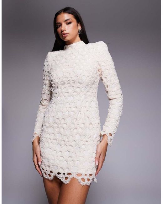 ASOS Gray Pearl Embellished Laser Cut High Neck Mini Dress