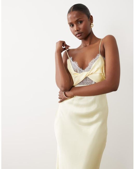 Bardot Natural Taryn Lace Trim Satin Maxi Dress With Twist Detail