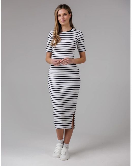French Connection Gray Cotton Ribbed Striped Short Sleeve Bodycon Midi Dress