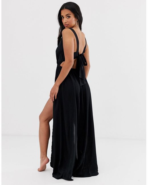 asos design cami maxi dress in crinkle chiffon with lace waist and strappy back detail