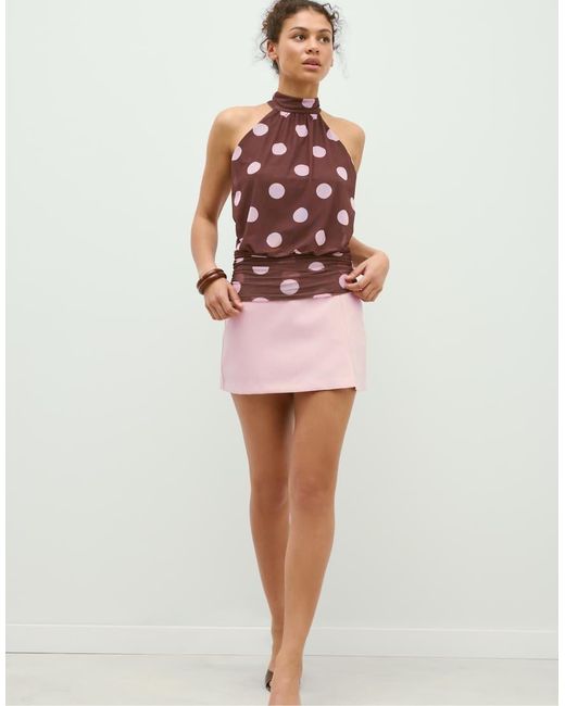 Stradivarius Pink Puff Mesh Print Halter Top