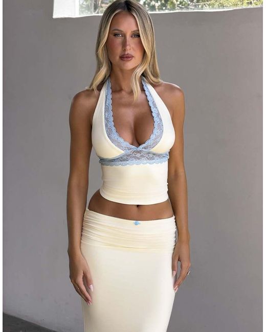 Tiger Mist Multicolor Calina Butter Touch Slinky Contrast Lace Trim Halterneck Top
