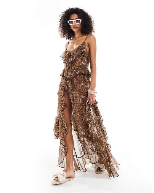 Miss Selfridge Maxi Strandkleding Van Chiffon Met Ruches En Camibandjes in het Brown